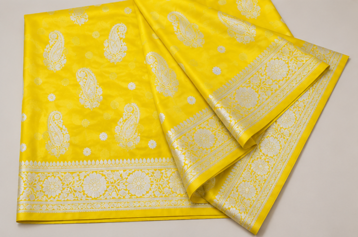 Vibrant Yellow Katan Silk Banarasi Saree with Silver Zari Paisley Motifs view 3