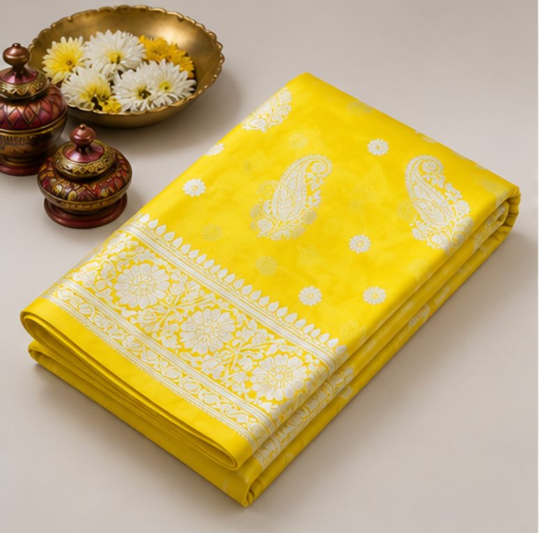 Vibrant Yellow Katan Silk Banarasi Saree with Silver Zari Paisley Motifs view 6