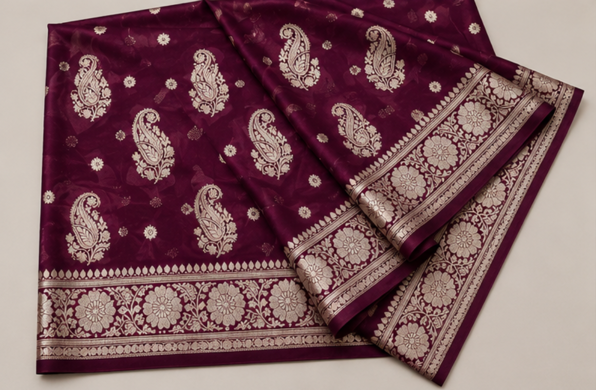 Regal Wine Maroon Katan Silk Banarasi Saree with Silver Zari Paisley Motifs view 3