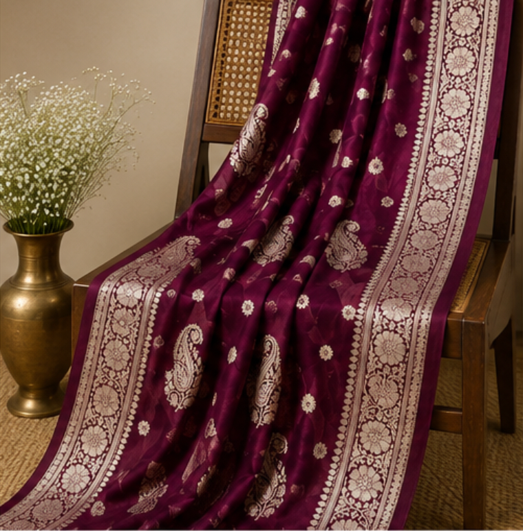 Regal Wine Maroon Katan Silk Banarasi Saree with Silver Zari Paisley Motifs view 5