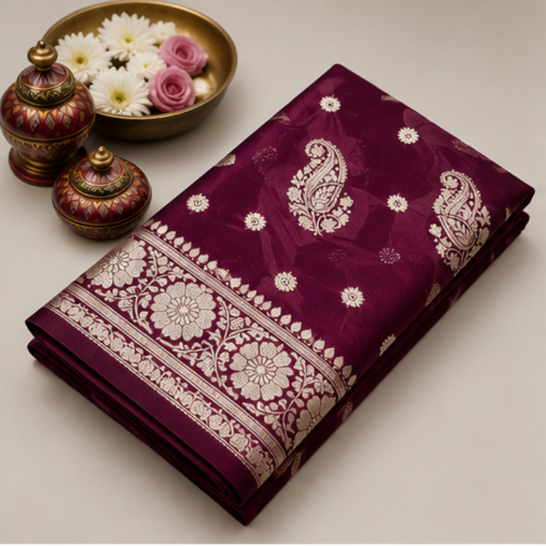Regal Wine Maroon Katan Silk Banarasi Saree with Silver Zari Paisley Motifs view 6