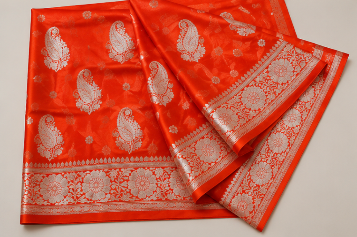 Vibrant Orange Banarasi Katan Silk Saree with Silver Zari view 3