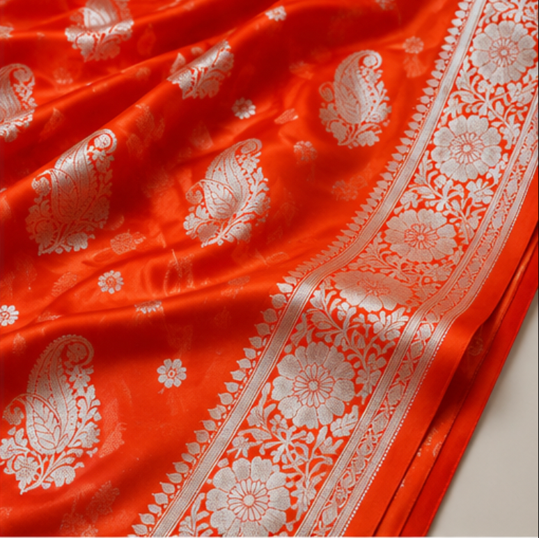 Vibrant Orange Banarasi Katan Silk Saree with Silver Zari view 4
