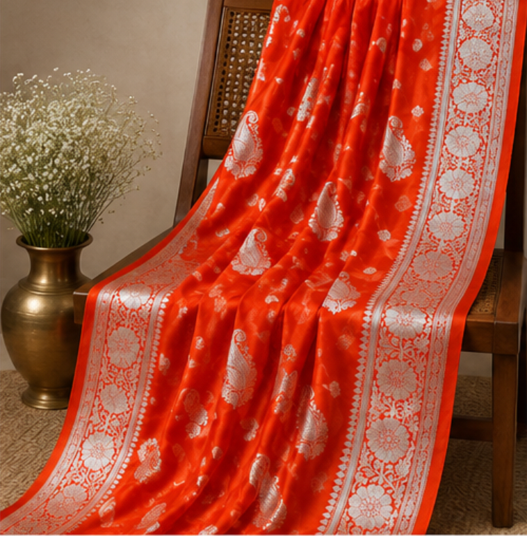 Vibrant Orange Banarasi Katan Silk Saree with Silver Zari view 5