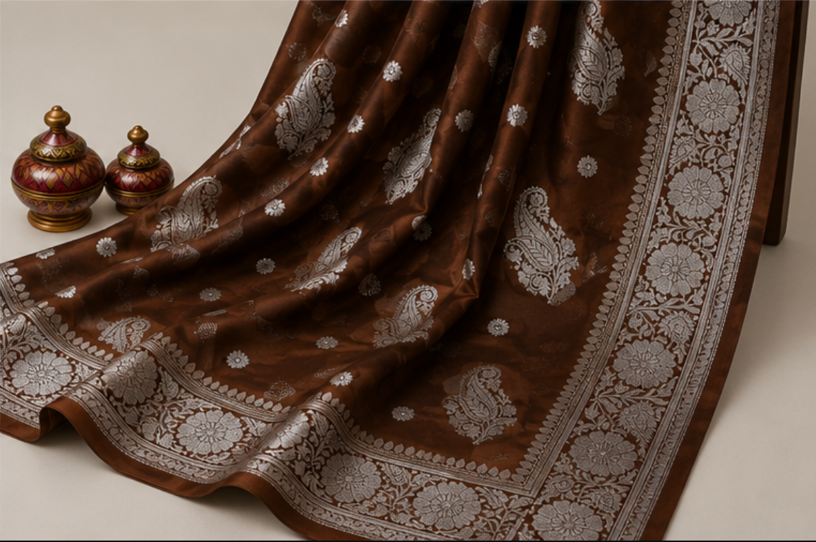 Elegant Coffee Brown Banarasi Katan Silk Saree with Silver Zari view 2