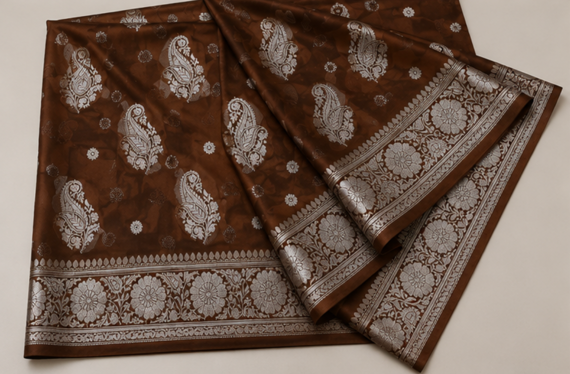 Elegant Coffee Brown Banarasi Katan Silk Saree with Silver Zari view 3