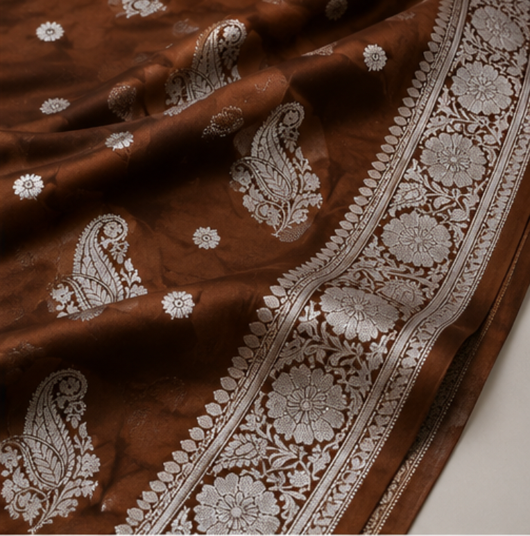 Elegant Coffee Brown Banarasi Katan Silk Saree with Silver Zari view 4