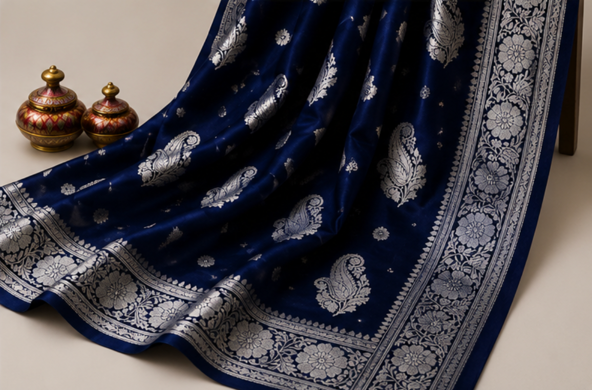 Royal Blue Banarasi Katan Silk Saree with Silver Zari view 2