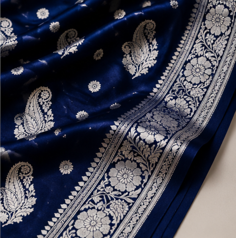 Royal Blue Banarasi Katan Silk Saree with Silver Zari view 4
