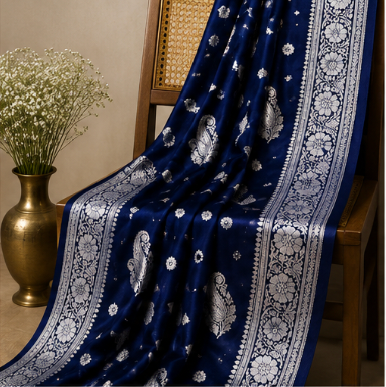 Royal Blue Banarasi Katan Silk Saree with Silver Zari view 5