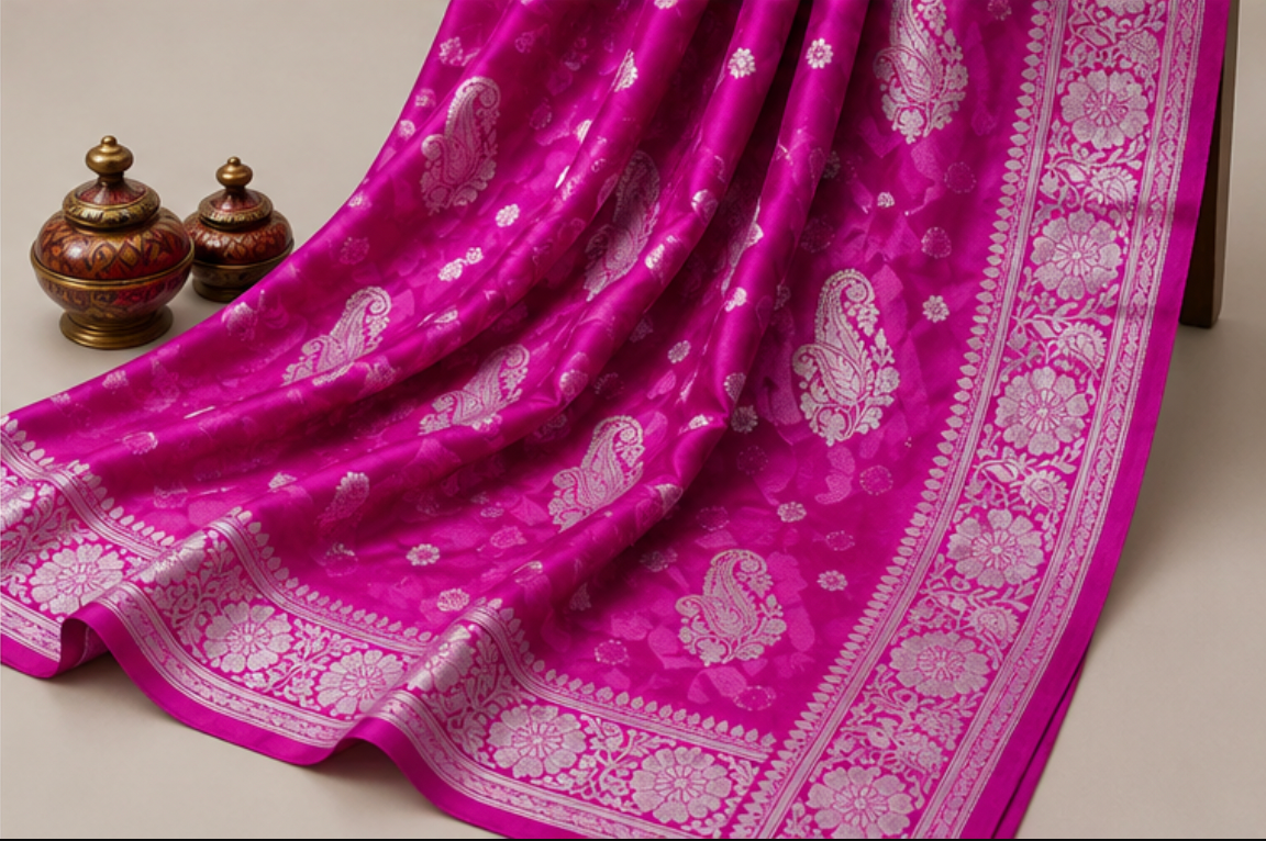 Exquisite Magenta Banarasi Katan Silk Saree with Silver Zari view 2