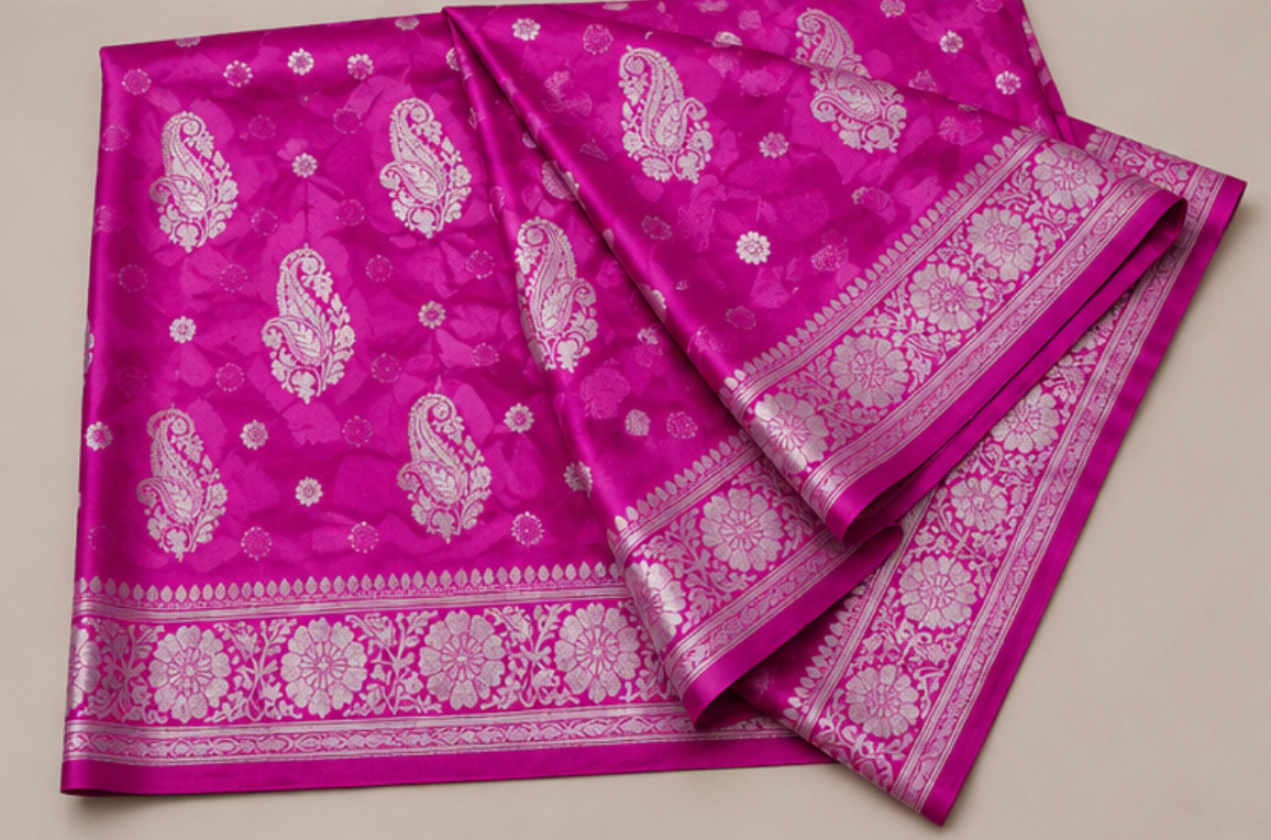 Exquisite Magenta Banarasi Katan Silk Saree with Silver Zari view 3