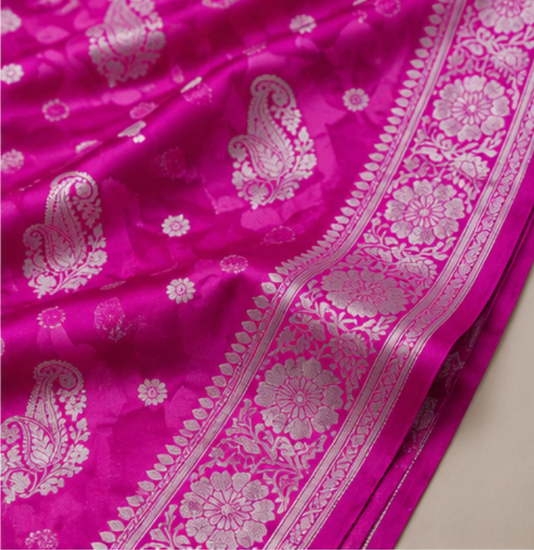 Exquisite Magenta Banarasi Katan Silk Saree with Silver Zari view 4