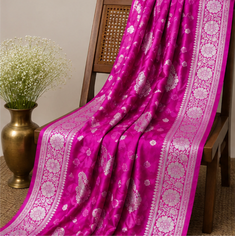 Exquisite Magenta Banarasi Katan Silk Saree with Silver Zari view 5