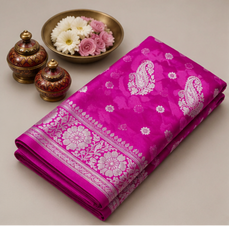 Exquisite Magenta Banarasi Katan Silk Saree with Silver Zari view 6