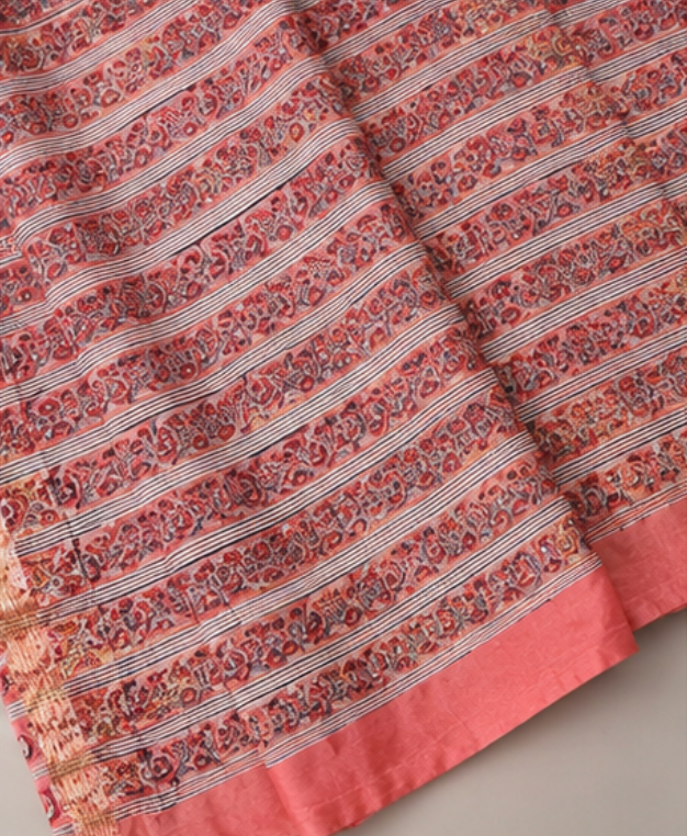Pastel Peach and Pink Floral Maheswari Silk Saree view 3
