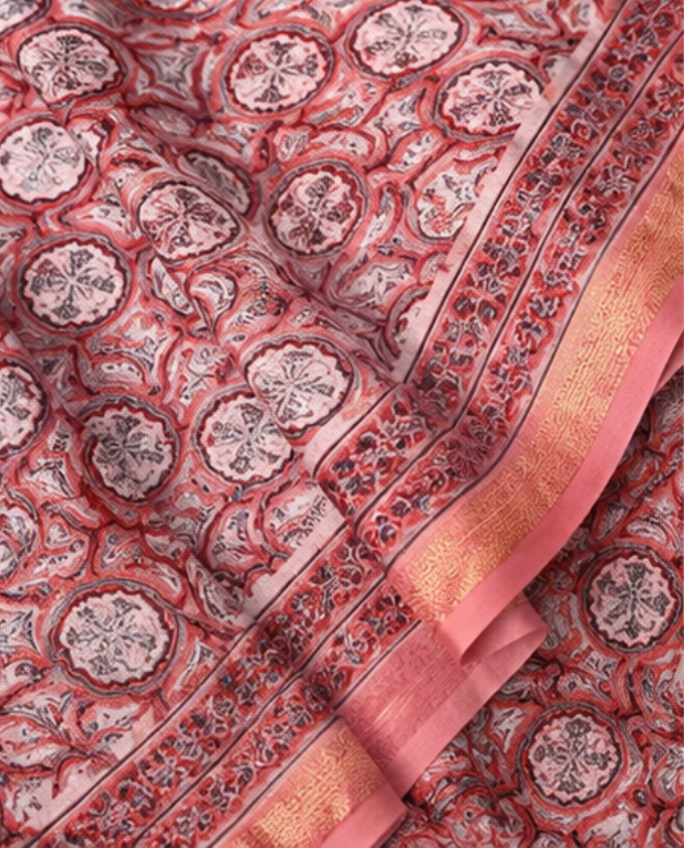 Pastel Peach and Pink Floral Maheswari Silk Saree view 4