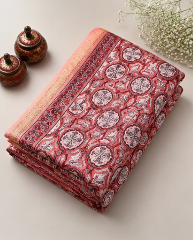 Pastel Peach and Pink Floral Maheswari Silk Saree view 7