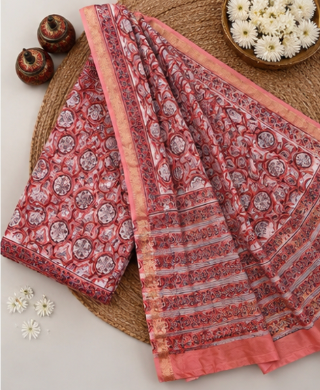 Peach Coral Maheswari Silk Saree with Circular Block Prints view 2