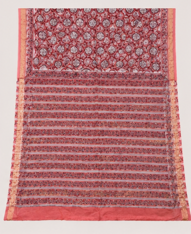 Peach Coral Maheswari Silk Saree with Circular Block Prints view 5
