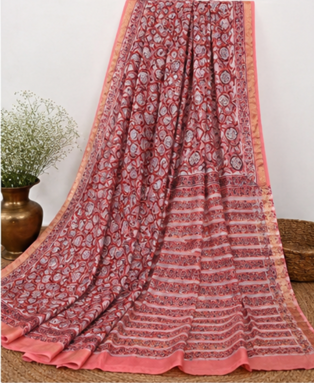 Peach Coral Maheswari Silk Saree with Circular Block Prints view 6