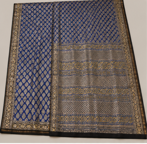 Royal Blue Maheswari Silk Saree with Traditional Block Prints view 5