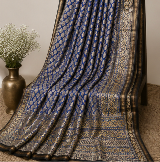 Royal Blue Maheswari Silk Saree with Traditional Block Prints view 6
