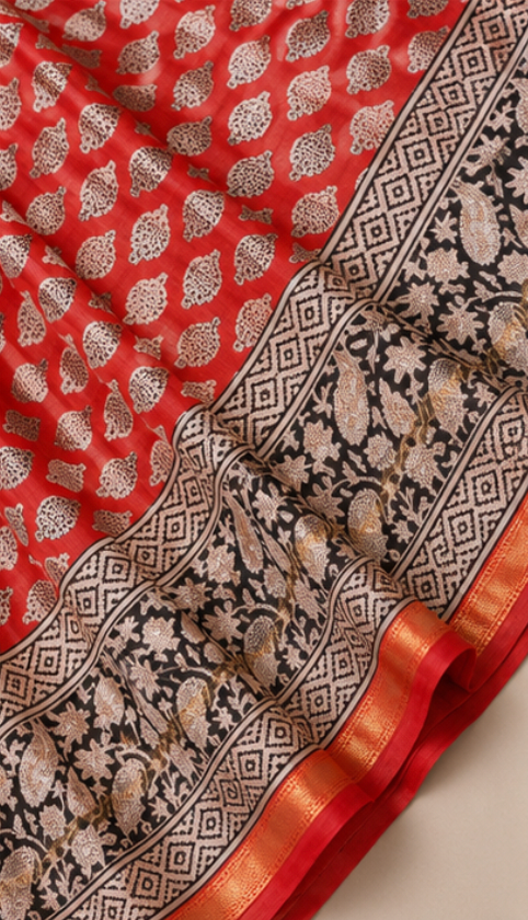Elegant Maheswari Silk Saree in Red, Black & Cream view 3