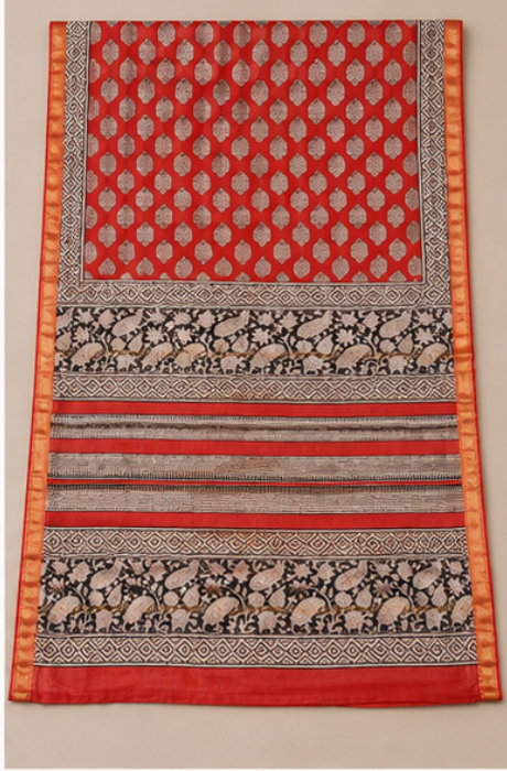 Elegant Maheswari Silk Saree in Red, Black & Cream view 4