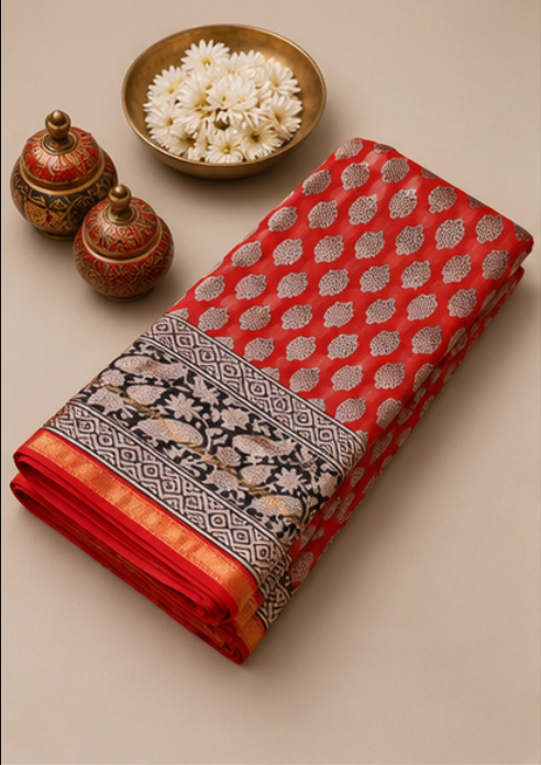 Elegant Maheswari Silk Saree in Red, Black & Cream view 6