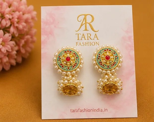 Traditional Meenakari Pearl Stud Jhumka Earrings view 2