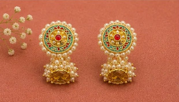 Traditional Meenakari Pearl Stud Jhumka Earrings view 6