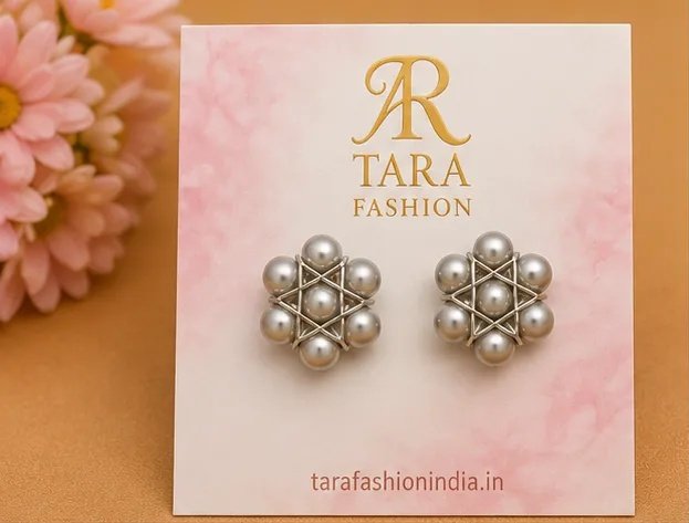 Handcrafted Silver Pearl Cluster Star Stud Earrings view 2
