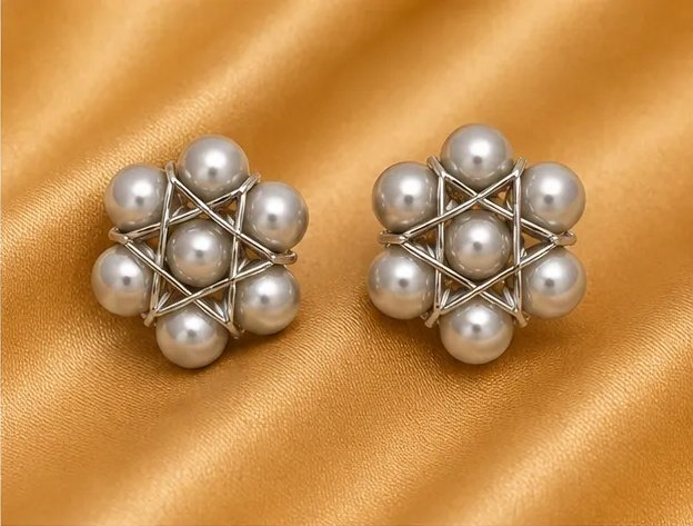 Handcrafted Silver Pearl Cluster Star Stud Earrings view 3