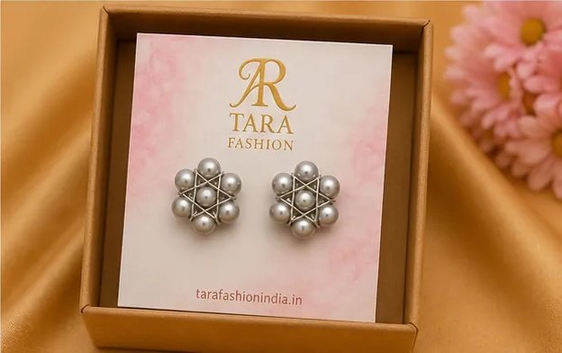 Handcrafted Silver Pearl Cluster Star Stud Earrings view 7