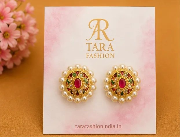 Oval Meenakari Floral Stud Earrings with Pearl Border view 2