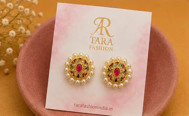Oval Meenakari Floral Stud Earrings with Pearl Border view 4