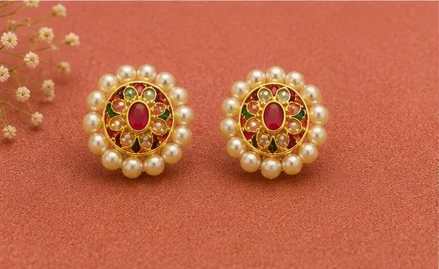 Oval Meenakari Floral Stud Earrings with Pearl Border view 6
