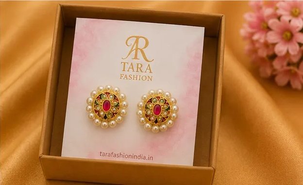 Oval Meenakari Floral Stud Earrings with Pearl Border view 7