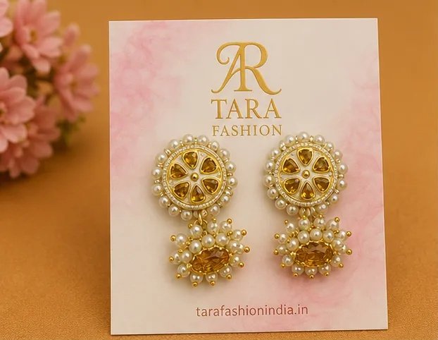 Floral Kundan Round Jhumka Earrings with Pearl Border view 2