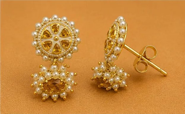 Floral Kundan Round Jhumka Earrings with Pearl Border view 5