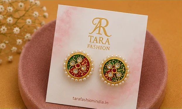 Traditional Round Meenakari Stud Earrings with Pearl Border view 4