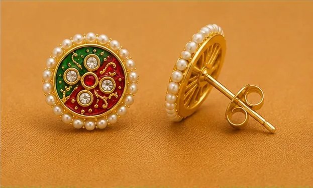 Traditional Round Meenakari Stud Earrings with Pearl Border view 5
