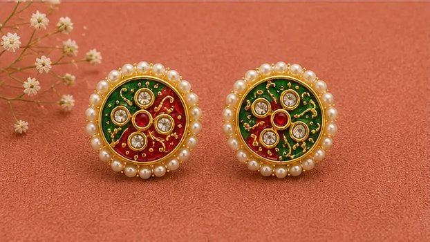 Traditional Round Meenakari Stud Earrings with Pearl Border view 6