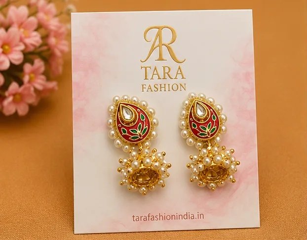 Traditional Meenakari Paisley Jhumka Earrings with Pearl Border view 2
