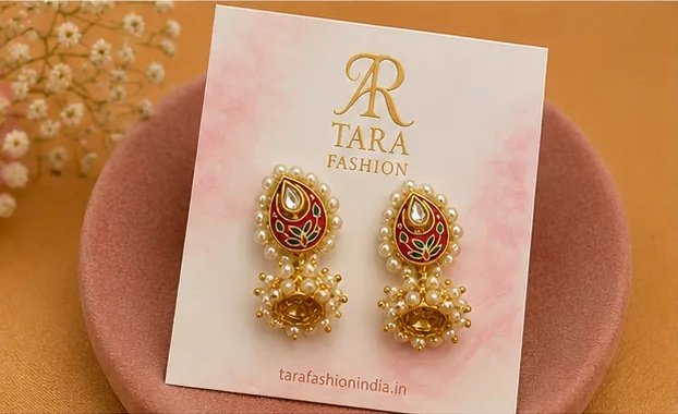 Traditional Meenakari Paisley Jhumka Earrings with Pearl Border view 4