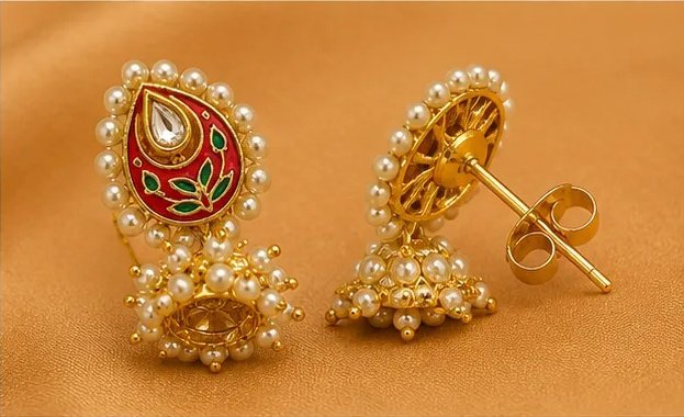 Traditional Meenakari Paisley Jhumka Earrings with Pearl Border view 5