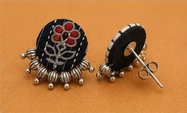 Floral Block-Print Round Fabric Earrings with Silver Bead Fringe view 5