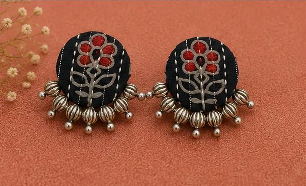 Floral Block-Print Round Fabric Earrings with Silver Bead Fringe view 6