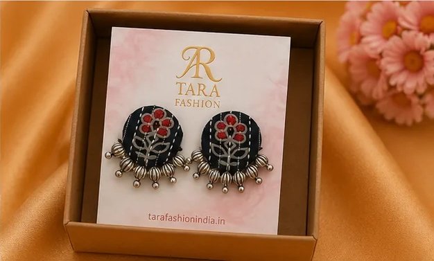Floral Block-Print Round Fabric Earrings with Silver Bead Fringe view 7